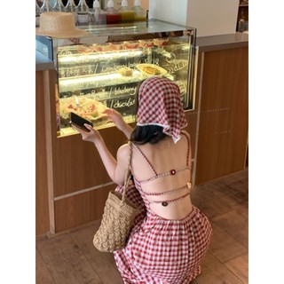Váy Liền Kẻ Ca Rô Màu Đỏ Ngọt Ngào Cho Nữ Váy Hai Dây Hở Lưng Phong Cách Nghỉ Dưỡng Mùa Hè