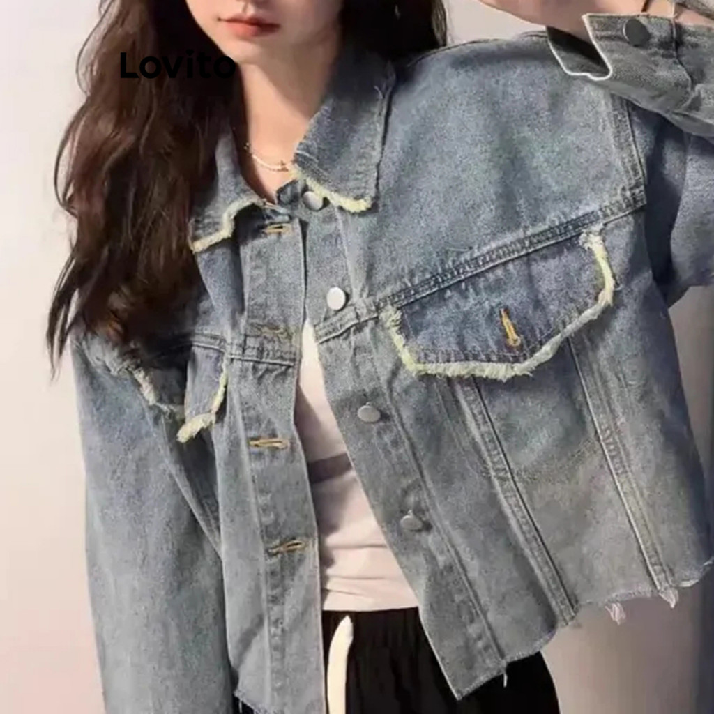 Lovito Áo khoác denim viền thô trơn đơn giản cho nữ LNM77135
