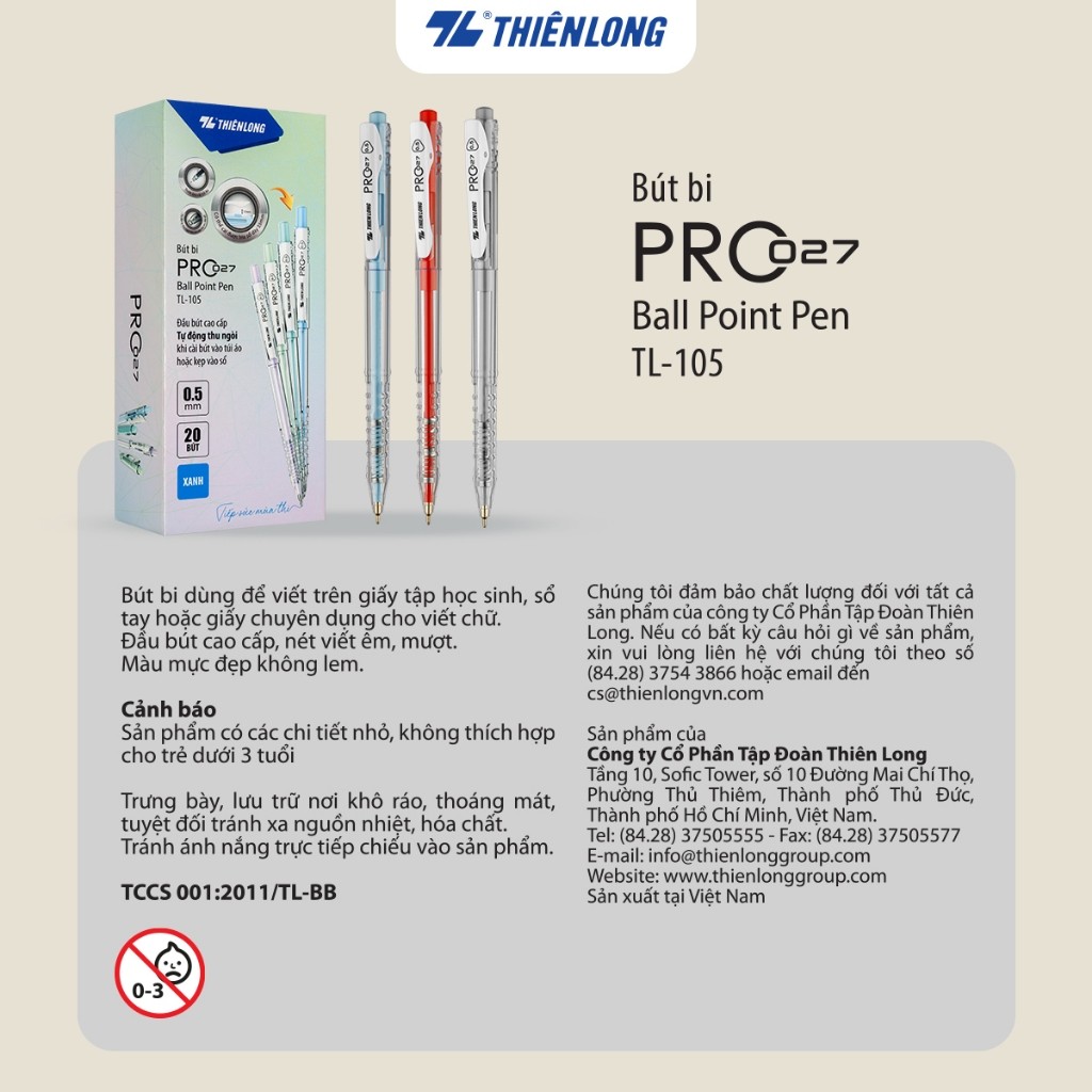 Combo 5/10/20 Bút bi Thiên Long Pro 027 - Bút bi bấm ngòi 0.5mm, thân bút pastel thời trang TL-105
