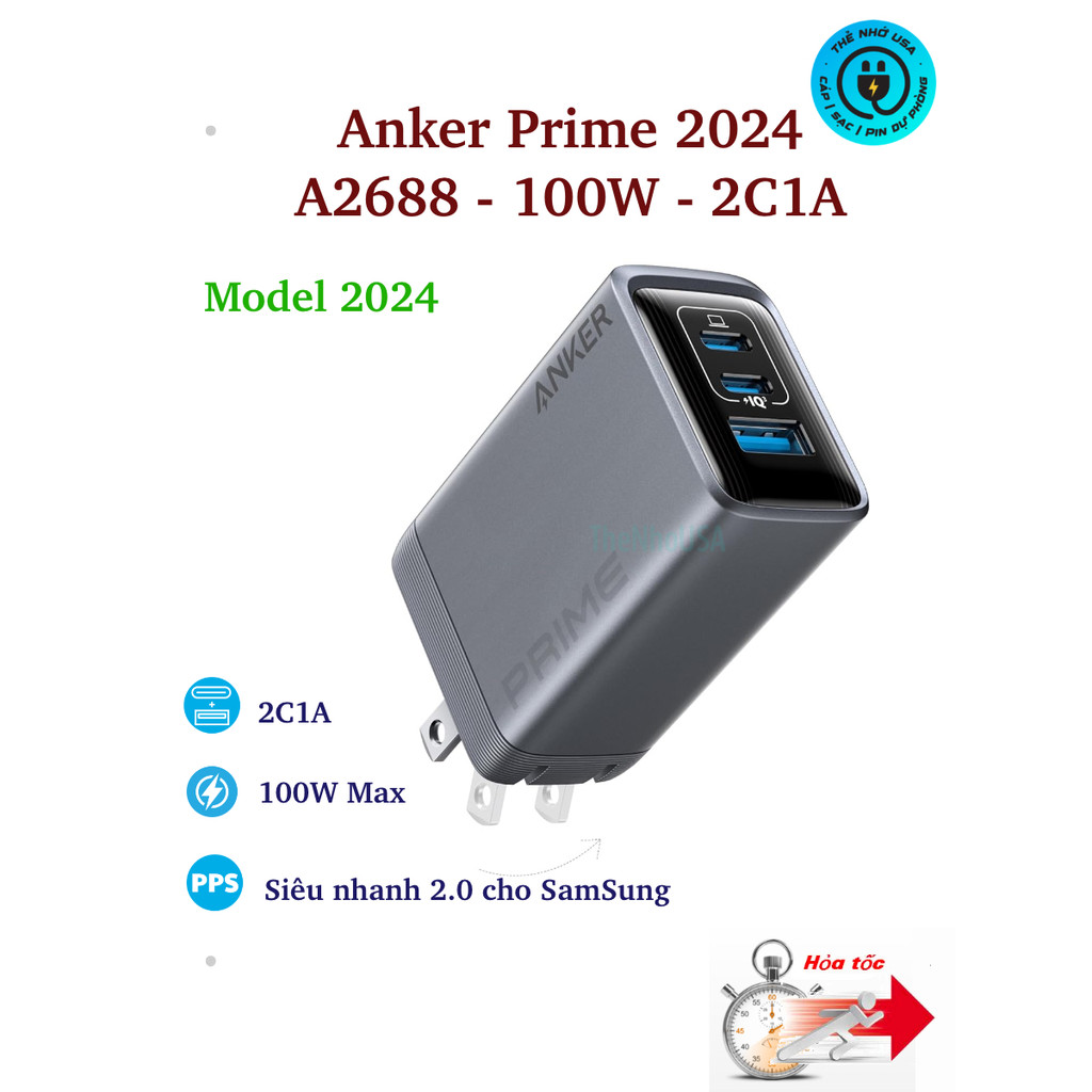 Củ sạc nhanh Anker Prime 2024 100W 3 cổng 2C1A GaN A2688 BH18T