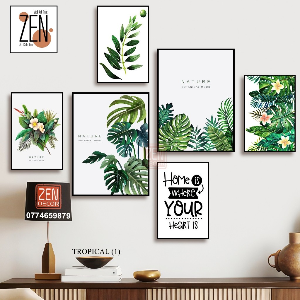 Bộ 6 tranh dán tường chủ đề Tropical tươi mát phong cách hiện đại,nhiều kích thước đã có sẵn keo dán