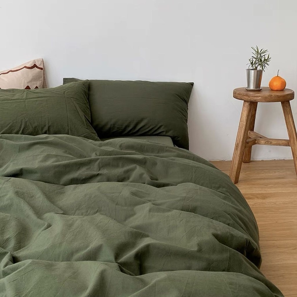 Bộ Chăn Ga Gối Bốn Mảnh Màu Xanh Lá Cây Cổ Điển Trơn Ins Bộ Chăn Ga Gối Đệm Màu Trơn Bằng Cotton Có 