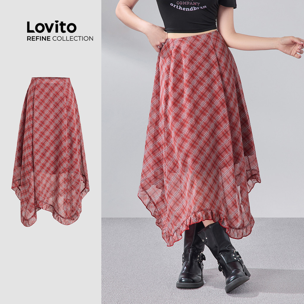 (Lovito - Refine) Váy chữ A có khóa kéo lưới tương phản phù hợp xuân/hè váy đỏ cho nữ LR12A241