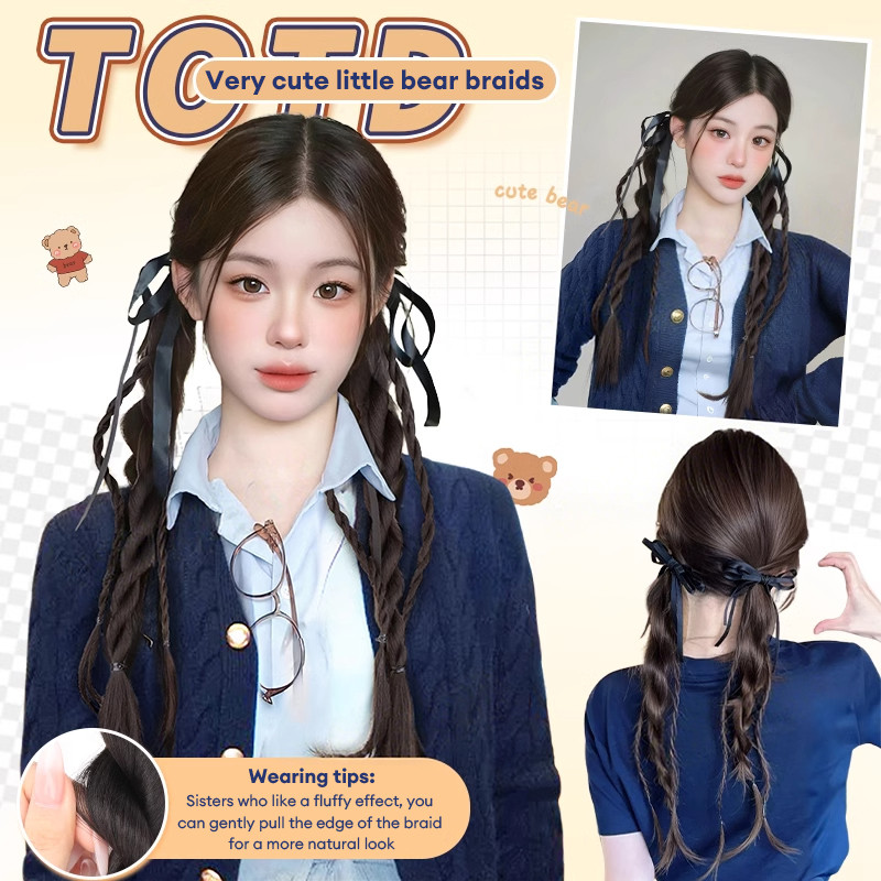 👾miua Tóc giả tết bính kèm nơ ruy băng, tóc giả thắt bính 2 bên, tóc giả tết có nơ
