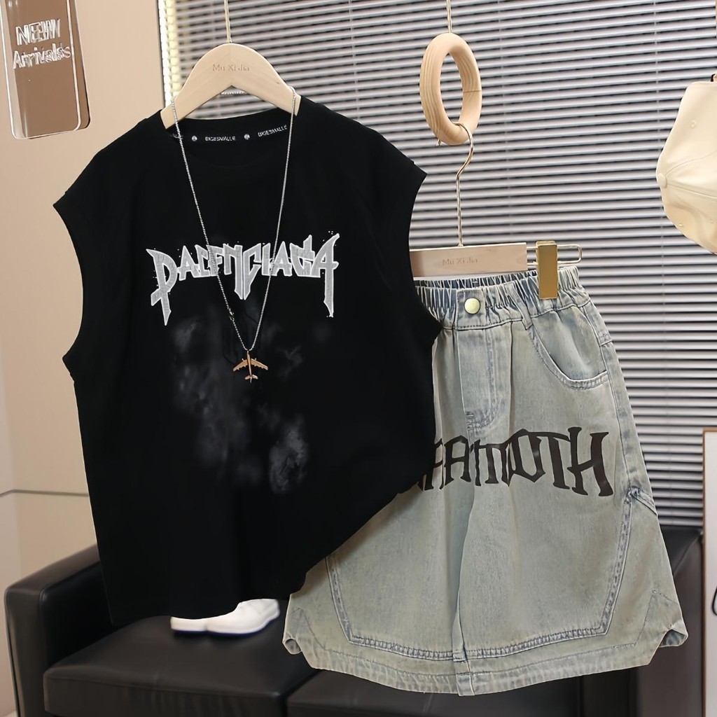 [20-60kg] Bộ đồ bé trai cá tính phong cách hiphop – Áo thun sát nách + quần jean short