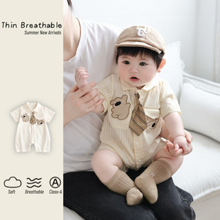 Bé Mùa Hè Quần Áo Mới Bé Trai Và Bé Gái Body Ngắn Tay 0-24 Tháng Cotton Chất Lượng Cao Thoáng Khí Thoải Mái Màu Be Gấu Romper Nhà Phong Cách Thường Ngày