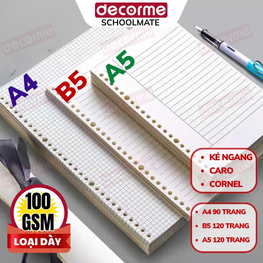 Ruột giấy refill sổ còng A5 B5 A4 20 26 30 lỗ sổ còng giấy refill caro kẻ ngang nhiều lỗ