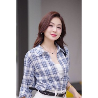  Áo sơ mi LA486  dáng rộng tay dài họa tiết caro đính kim sa độc đáo 