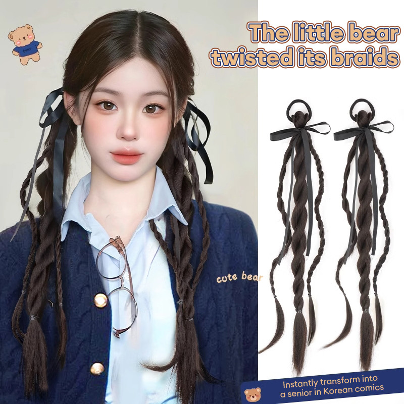 🎗️coco🎗️Tóc giả tết bính kèm nơ ruy băng, tóc giả thắt bính 2 bên, tóc giả tết có nơ