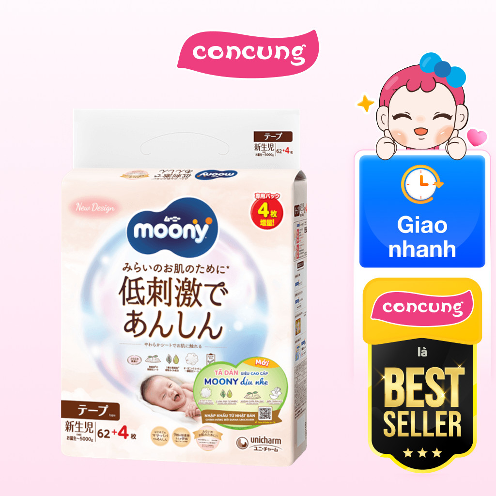 Tã dán Moony Natural (NB, 62 miếng + 4 miếng) - concung