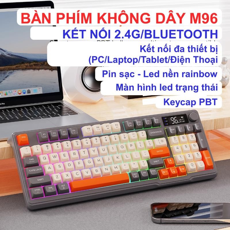 Bàn Phím Không Dây M96 Bluetooth Không Ồn Led Nền 2 Mode Kết Nối  Màn Hình Hiển Thị Phím PBT Tương T