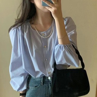 Áo sơ mi dài tay cổ tròn sọc mùa hè có nút tình yêu dáng rộng Áo sơ mi dài tay đa năng