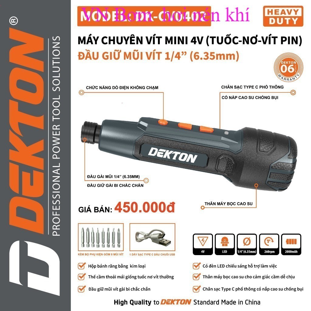 Máy siết vít 4V Dekton (dò điện âm tường, đèn pi.m) DK-CV0401 / DK-CV0402 VN bơm  hơi nén khí