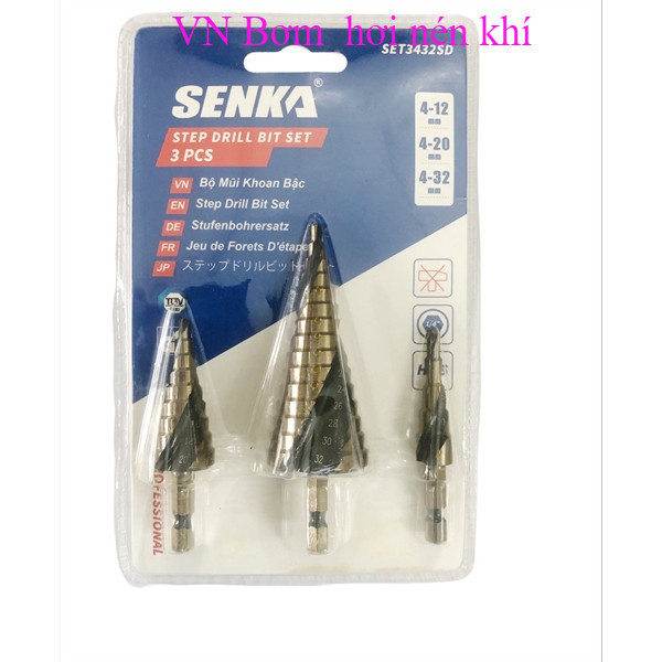 Bộ 3 mũi khoan tháp xoắn SENKA 4-12mm,4-20mm,4-32mm  cao cấp VN bơm hơi nén khí
