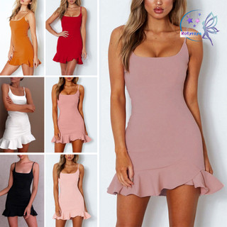 Rotyroya-nữ Mùa Hè Gợi Cảm Lưng Spaghetti Dây Xù Viền Đảng Bodycon Mini Đầm