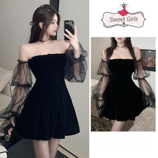 ( Có Sẵn-Giao ngay) baby doll Váy lưới tay phồng lệch vai màu đen Chic Đầm body hàng cao cấp