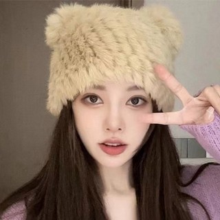 Mismemo  Mũ Tai Gấu Lông Thỏ Nữ Mùa Đông Mũ Len Đan Tay Dày Chống Lạnh Ấm Bảo Vệ Tai Mũ Lông Sang Trọng