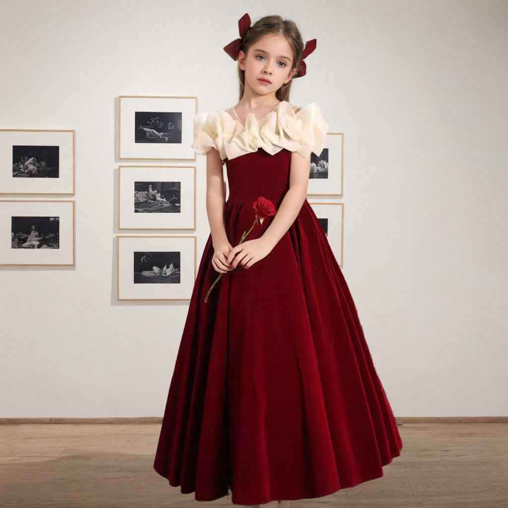 Đầm Bé Gái Một Vai Nhung Đỏ Bé Gái Đầm Công Chúa Trẻ Em Piano Trình Diễn Trang Phục