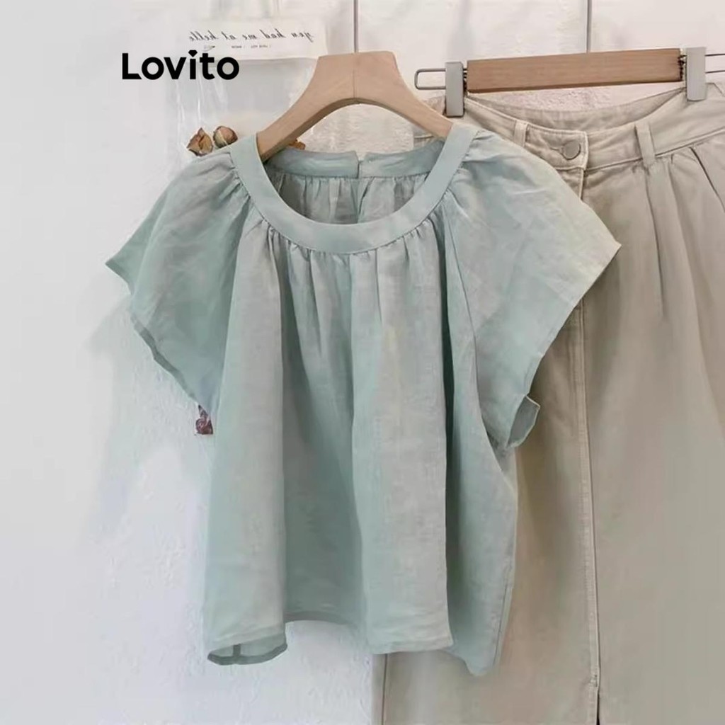 Lovito Áo kiểu xếp li trơn đơn giản cho nữ LNM73228