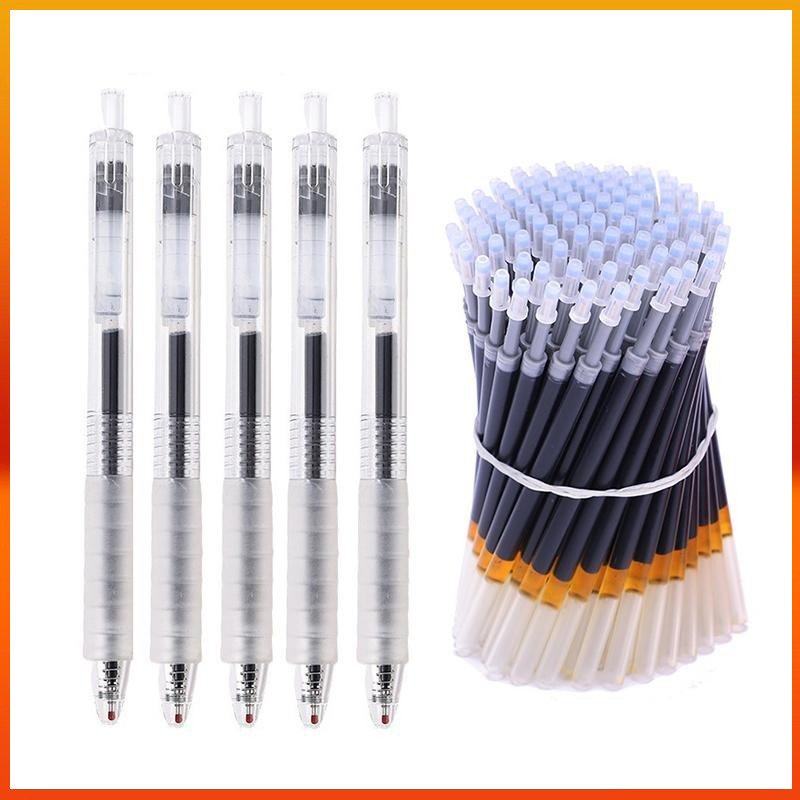 0.5mm 5 bút + 50 nạp lại / 3 bút + 20 nạp lại Bộ bút Gel mực đen Bút bấm mềm trong suốt Viết mượt mà