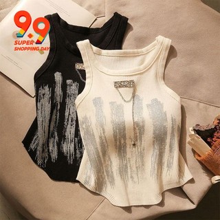 Mỹ Hot Girl Không Tay Dệt Kim Áo Vest Nhỏ Nữ Mùa Hè Ngắn Ôm Phù Hợp Không Đều Dây Thiết Kế Bên Ngoài