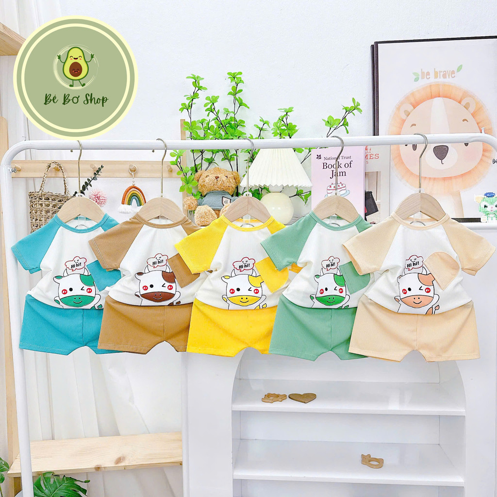 (Hàng có sẵn) Đồ bộ cộc tay thun tăm in hình chú gấu đội nón may thật (6-16kg), nhiều màu sắc dễ thương cho bé