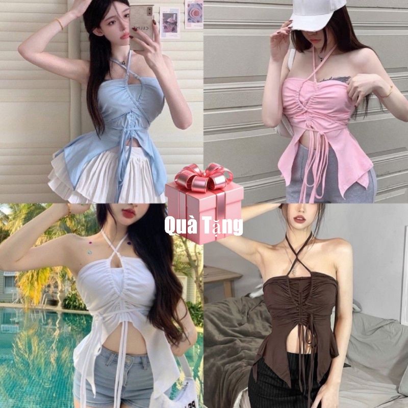 [ A-180] Áo ống dây tà dài phối kiểu form croptop ôm body dây cổ yếm chất vải thun gân len 4 chiều Free SIze dưới 53kg