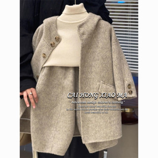 [Khuyến nghị hấp dẫn] Quần áo trẻ em Hàn Quốc mùa thu và mùa đông Bộ đồ len cho bé trai và bé gái áo khoác len có mũ trùm đầu phong cách phương Tây trẻ em quần cà rốt Bộ quần áo trẻ em