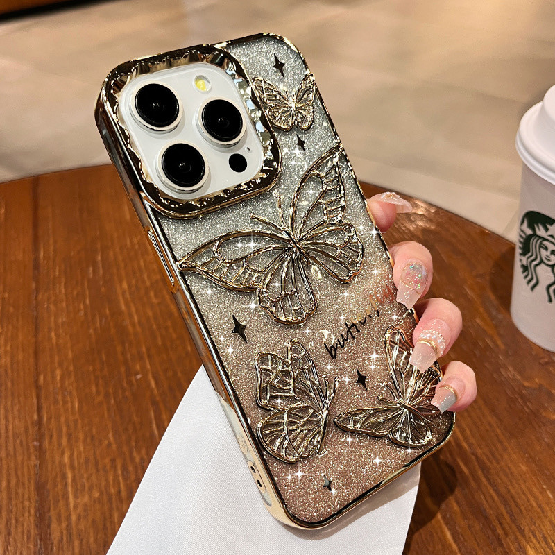 Ốp Điện Thoại Mạ Bướm Lấp Lánh Cho iPhone 16 11 12 13 14 15 Pro Max 15 16 plus Ống Kính Bảo Vệ Camera Vỏ Chống Sốc TPU Vỏ Mềm Vỏ Bảo Vệ Điện Thoại