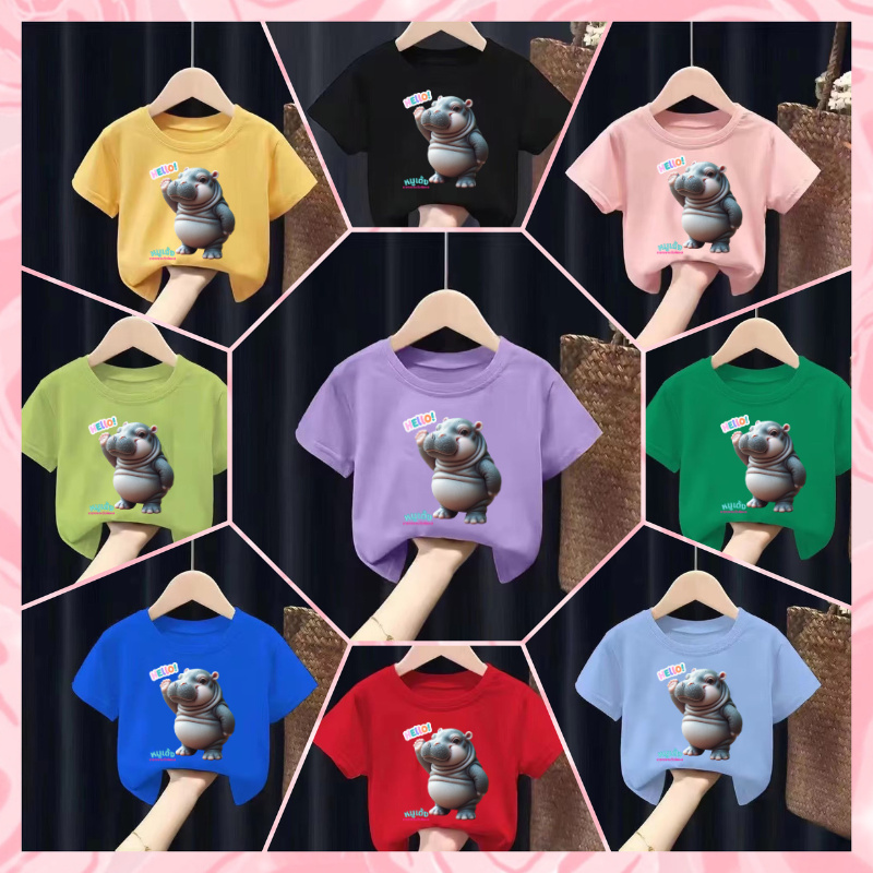 Áo thun hoạt hình trẻ em Hippo Pig của MOODENG Áo thun ngắn tay họa tiết đáng yêu để mặc thường ngày