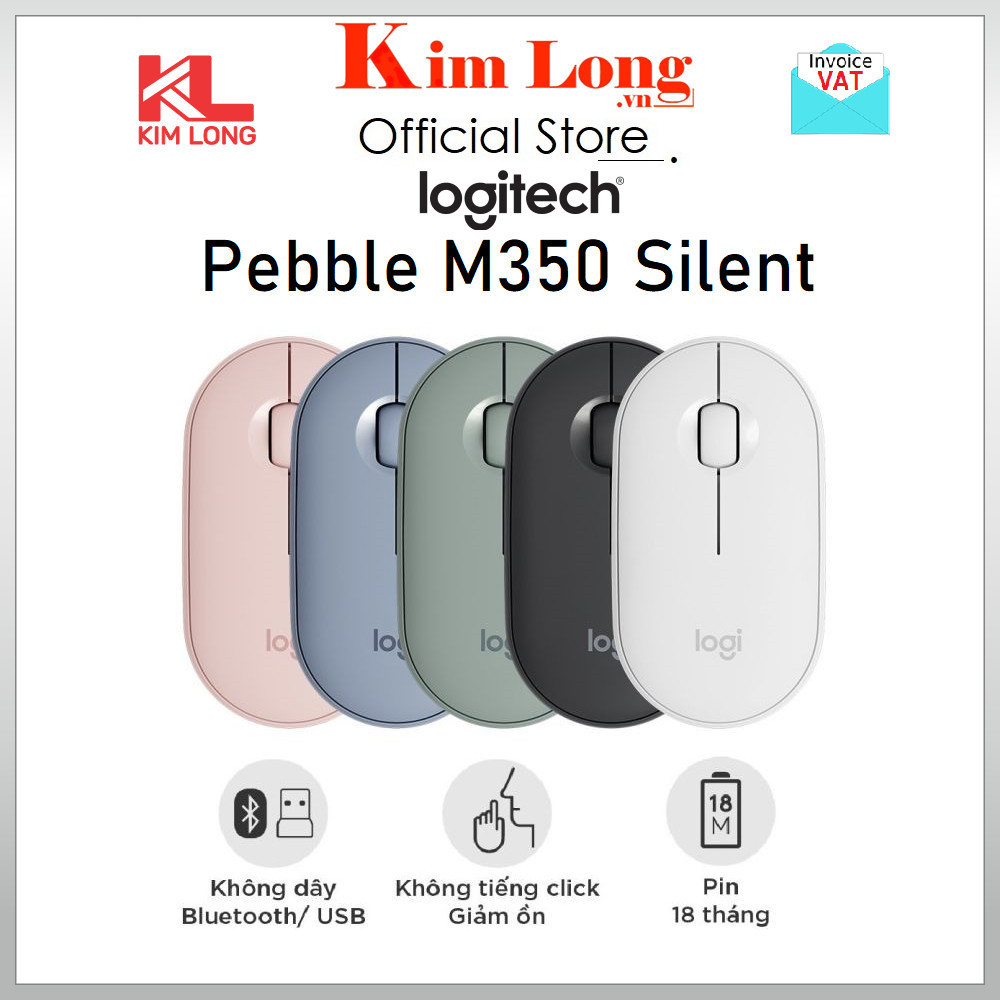 Chuột không dây yên lặng Logitech M350/ M350S Pebble Kết nối Bluetooth/ Usb nhỏ gọn, giảm ồn, MacOS/PC KP2