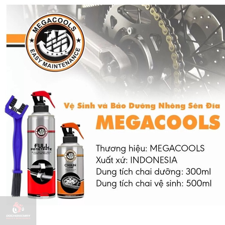 MEGACOOLS Bộ bảo dưỡng sên xích Chai . vệ sinh sên, rửa sên, Chainlube Ultralube Penetrate + bàn chải 3D