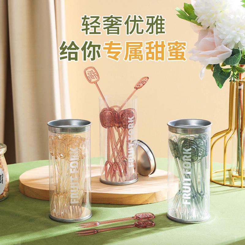 New Product#Fruit Fork Set for Home Use, Fruit Cake Dessert Forks, Disposable Plastic Two-Tooth Frui