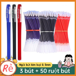  【Bộ 3 Bút Gel + 50 Ruột Mực Bút Mực Nước 0.5mm Viết Trơn Màu Đen Xanh Đỏ Cho Học Sinh Văn Phòng 
