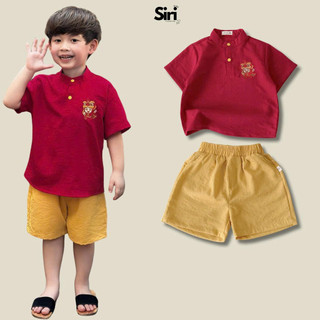  Set bộ sơ mi cổ trụ đũi cộc tay bé trai họa tiết mua Lân trung thu và Tết 9 tới 28kg SIRI H0525B32 