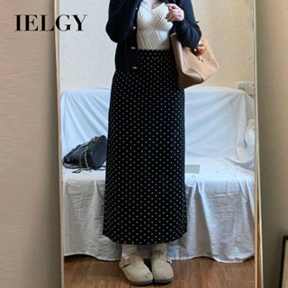  IELGY Váy chấm bi xẻ tà nữ eo cao giảm béo váy chữ A dài vừa phải Thắt lưng căng 