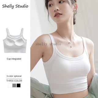 Thể Thao Mùa Hè Áo Vest Ngắn Màu Trơn Bên Trong Một Mảnh Áo Vest Cotton Có Miếng Lót Ngực Cổ Tròn Không Tay Top