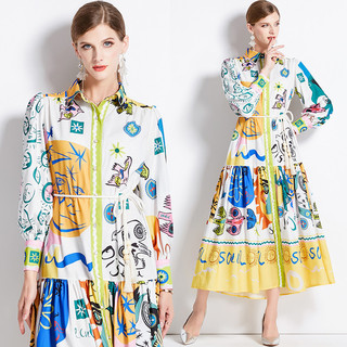 Real Shot Thu Đông Mới Vintage Vải Lanh Cotton Ve Áo Đèn Lồng Tay In Váy