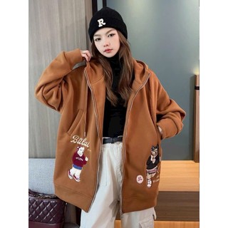 Áo Khoác Nỉ Nữ Phối Nón 2 Lớp áo hoodie nữ Thêu Hình Con Gấu Mẫu Mới chất lừ