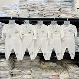 Bộ quần áo dài tay MZ trắng chất cotton thun dày quần cạp cao co dãn tốt cho bé 0-9 tháng MZ.BD122