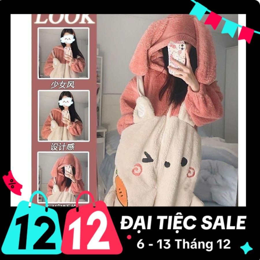 Bộ liền ngủ lông dài tay THỎ HỒNG mềm mại ấm áp mùa đông Áo Nữ