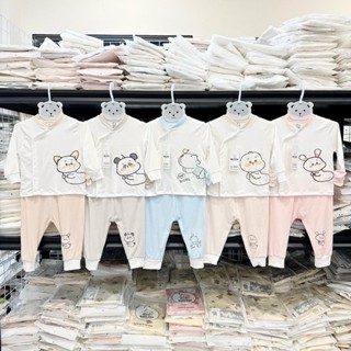 Bộ quần áo dài tay mz chất cotton thun áo trắng quần màu cạp cao kín bụng cho bé 0-9 tháng MZ.BD144