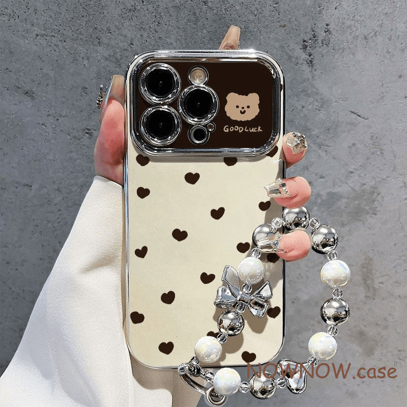 Dành Cho iPhone 16 15 14 13 12 11 Pro Max X XR Max 7 8 Plus INS Mạ Bạc Cửa Sổ Lớn Tình Yêu Gấu Vỏ Điện Thoại Bạc Tình Yêu Nơ Vòng Tay