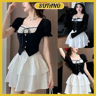 Set bộ đồ nữ áo bánh bèo nữ cổ vuông buộc nơ ngực phối chân váy ngắn xòe tiểu thư B357 SUTANO