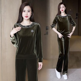  Bộ Đồ Ngủ Nhung Vàng Nữ Thu Đông 2024 Phong Cách Mới Béo mm Size Lớn Quần Dài Tay Thường Ngày Nhà Mặc Bên Ngoài 