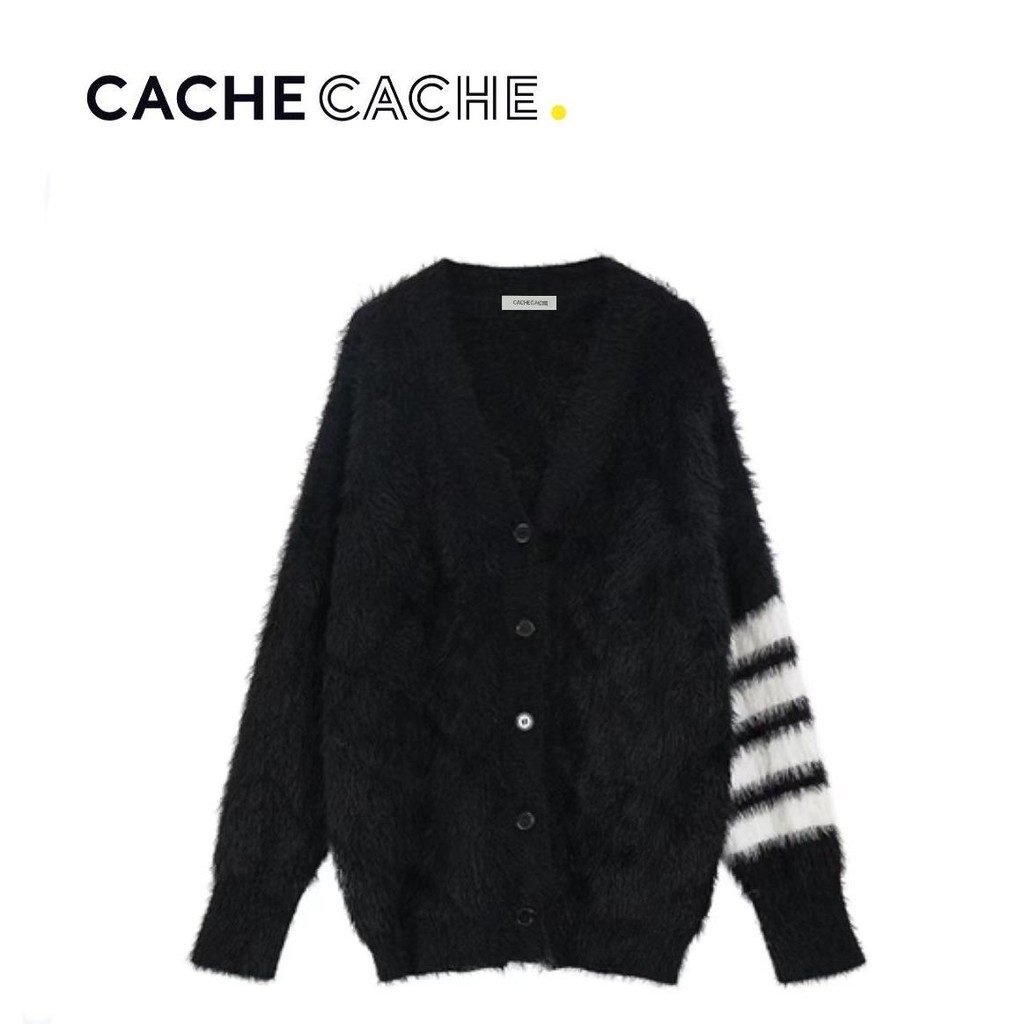CACHE CACHE Áo Cardigan_len từ chồn lông cừu, cổ chữ V, phong cách thời trang thu đông nữ