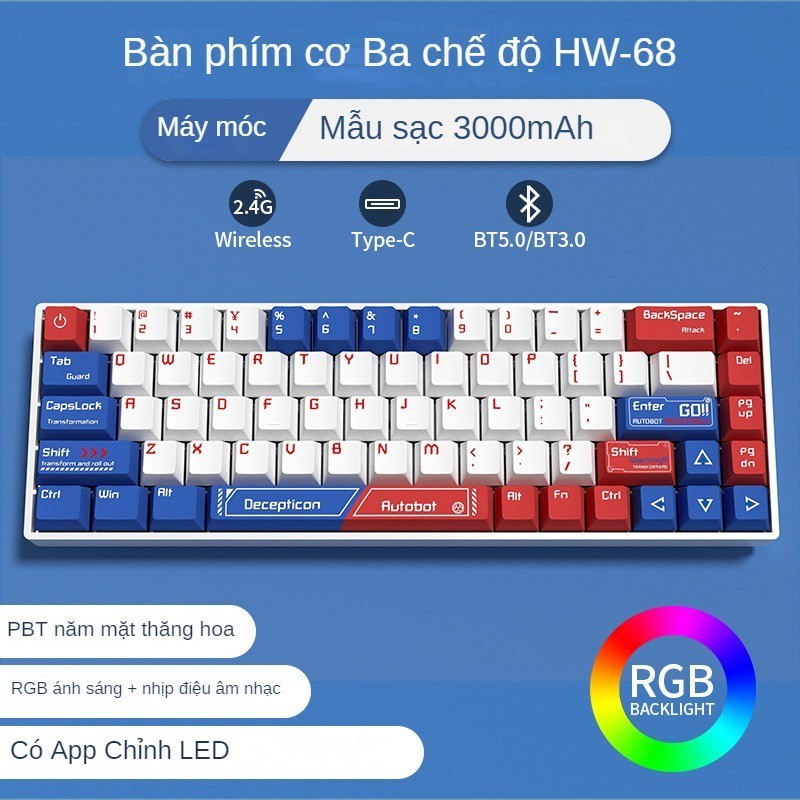 PKSMART x HW61 Nút Và HW68 Nút -  Bàn Phím Cơ Không Dây - LED RGB Đổi Màu App Chỉnh - 3 Mod Kết Nối 