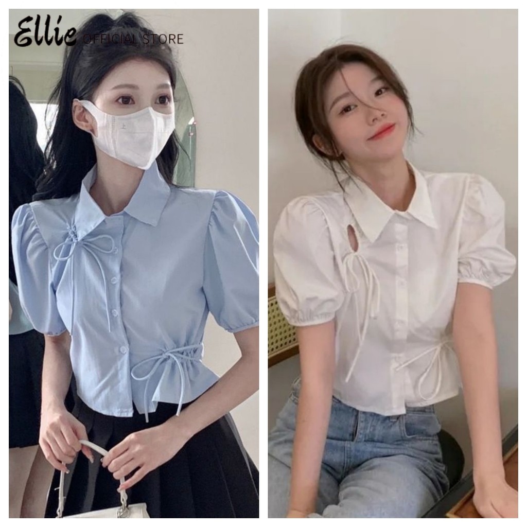 Ellie Áo Croptop Sơ Mi Nữ Tay Bồng Ngắn Phối Rút Dây Thắt Nơ Xinh Xắn, Áo Croptop Sơ Mi Nữ Nhiều Màu