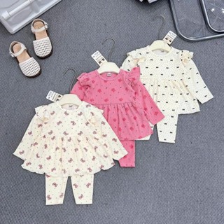 Bộ quần áo LEN tăm DÀY dài tay thu đông họa tiết in kín và kẻ sọc cho bé gái size 6-16kg