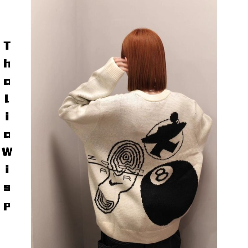 ThaliaWisp Áo len nam Stussy x Nike, dáng rộng vừa vặn, thiết kế xoắn ốc độc đáo